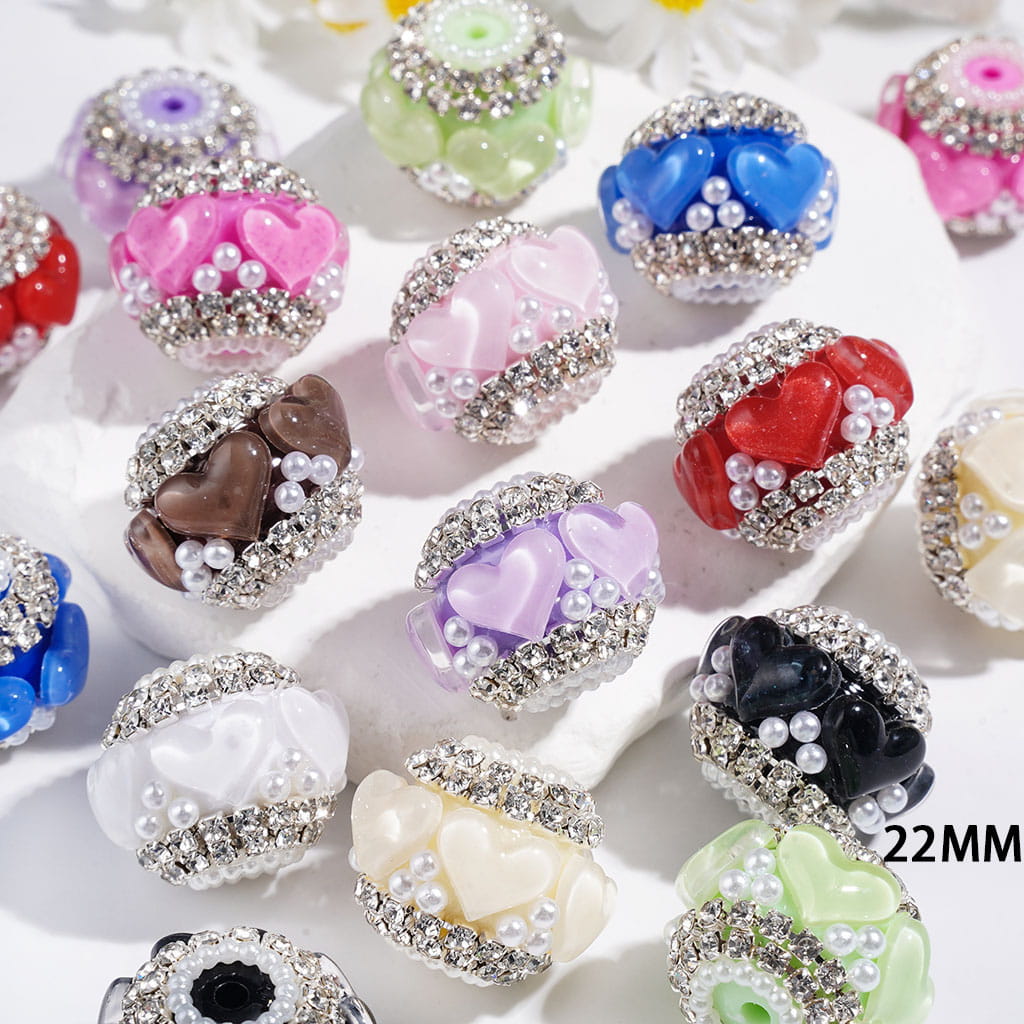 Handmade Acrylic Beads with Heart Rhinestones and White Pearl, Clear Rhinestone and White Pearl Chains, 22MM Multi-Color