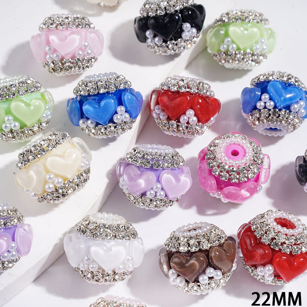 Handmade Acrylic Beads with Heart Rhinestones and White Pearl, Clear Rhinestone and White Pearl Chains, 22MM Multi-Color
