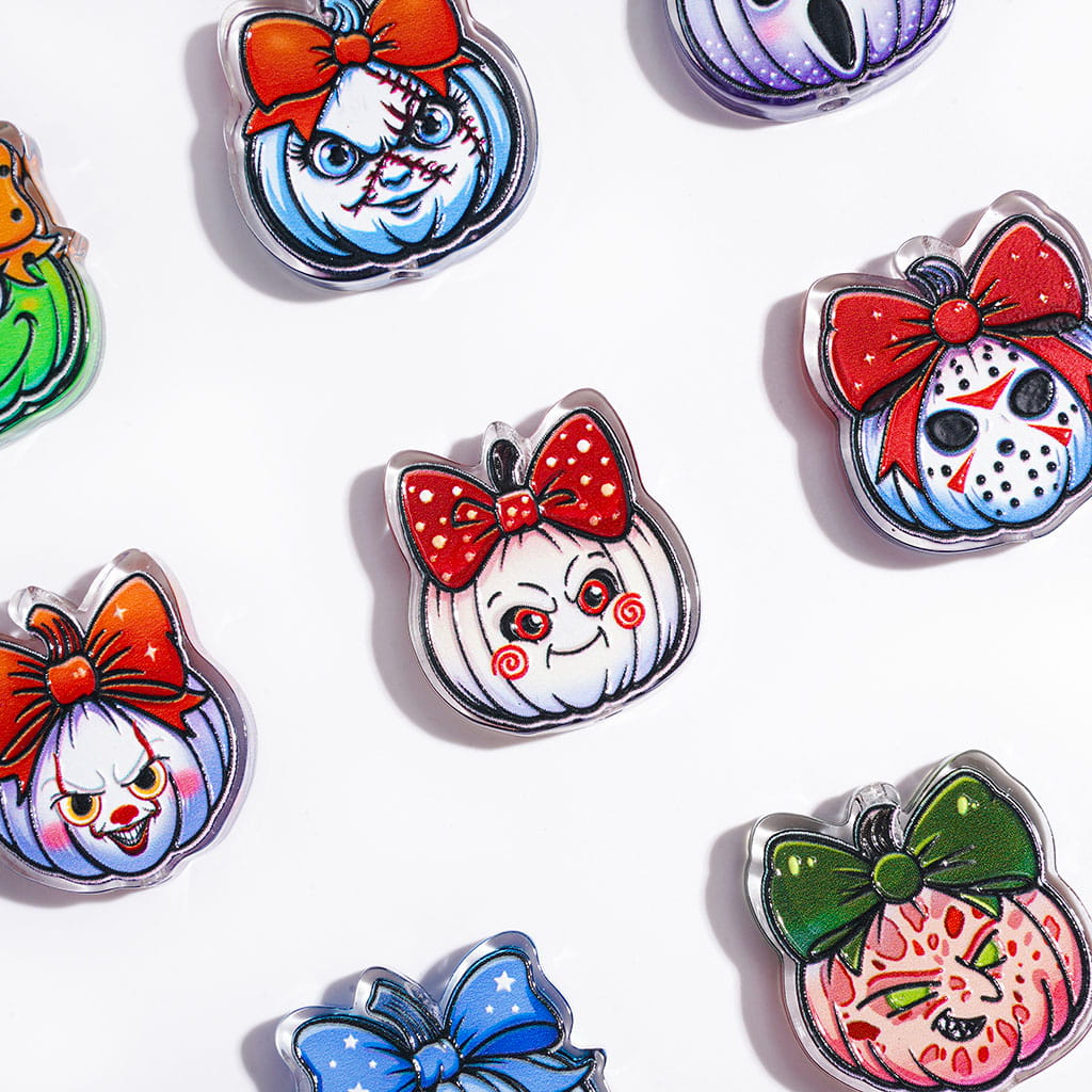 Halloween Scary Pumpkin in Assorted Killer Character Designs Acrylic Beads, Semi-Clear, Random Mix
