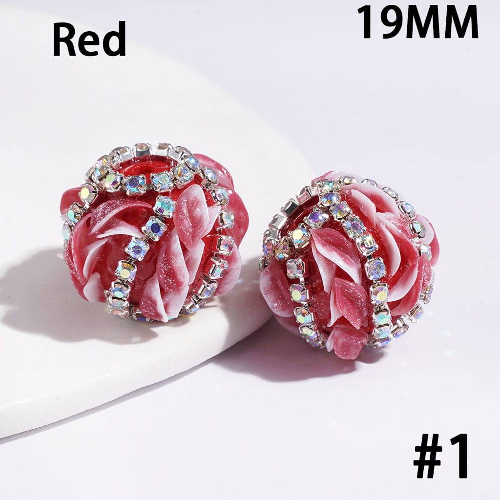Hand-Made Acrylic Beads with AB Rhinestones Chains and Glittery Leaf, 19MM, Multi Colors