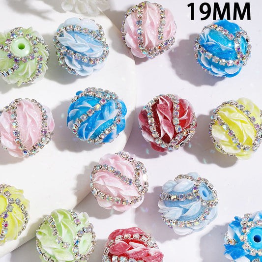 Hand-Made Acrylic Beads with AB Rhinestones Chains and Glittery Leaf, 19MM, Multi-Colors