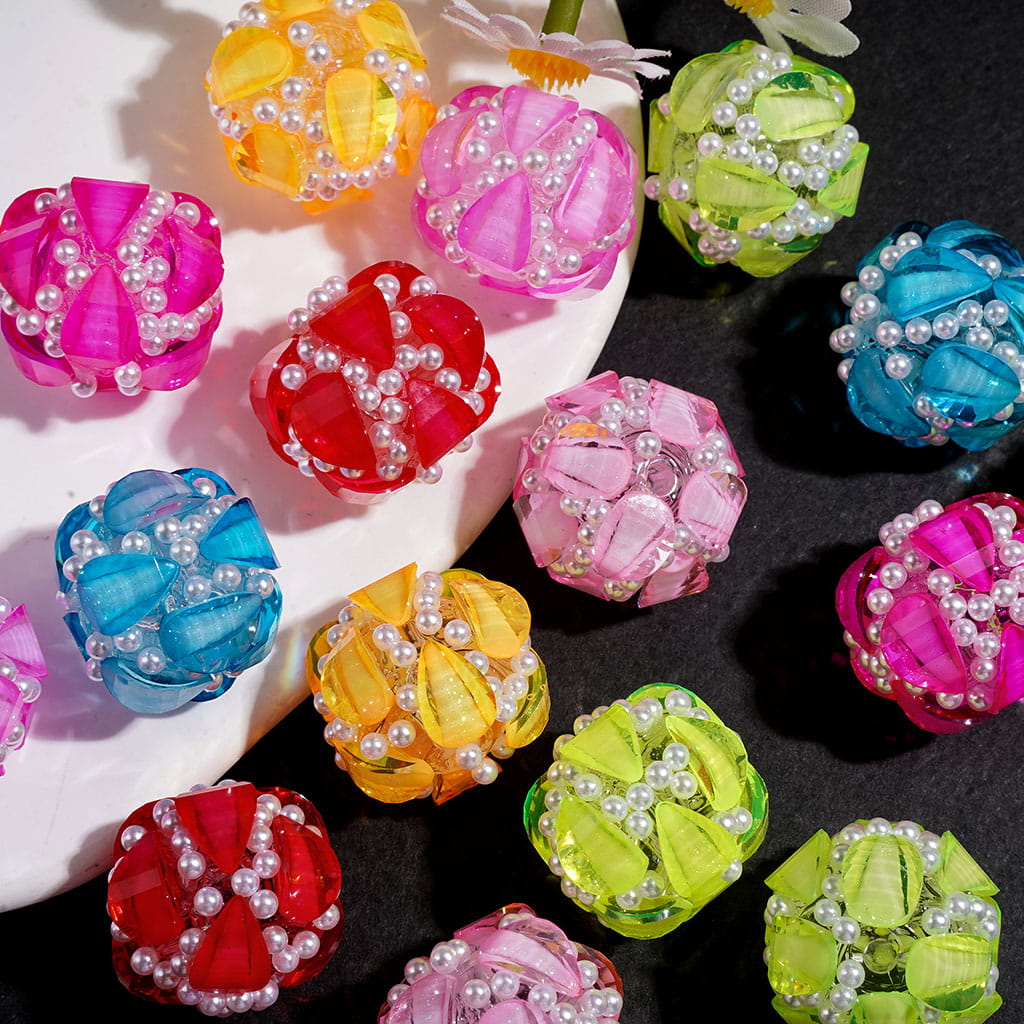 Hand-Made Acrylic Beads with Water Drop Rhinestones and White Pearls, 20MM, Random Mix