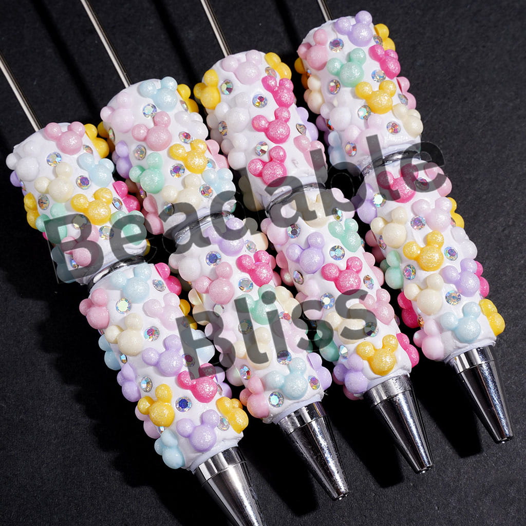 Beadable Clay Pens with AB Rhinestones and Multi Colors Mouse Head