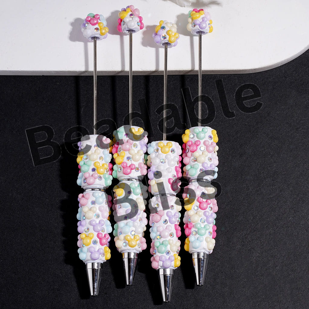 Beadable Clay Pens with AB Rhinestones and Multi Colors Mouse Head