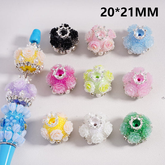 Sugar Acrylic Beads Shiny Glitter Flowers Silver Alloy Crown White Pearls Clear Rhinestones Chains Multi-Color 20*21MM