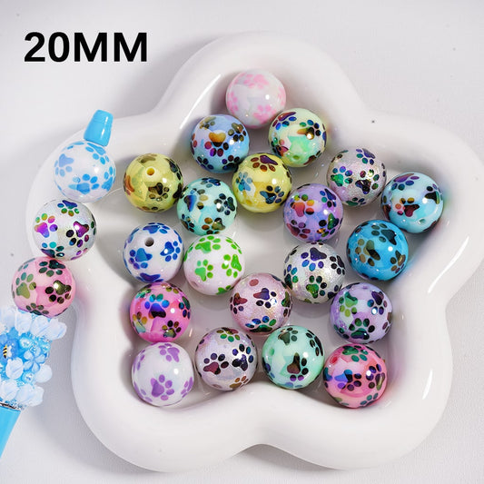 Acrylic Beads UV Coating Cute Paw Prints Multi- Color 20MM, Random Mix
