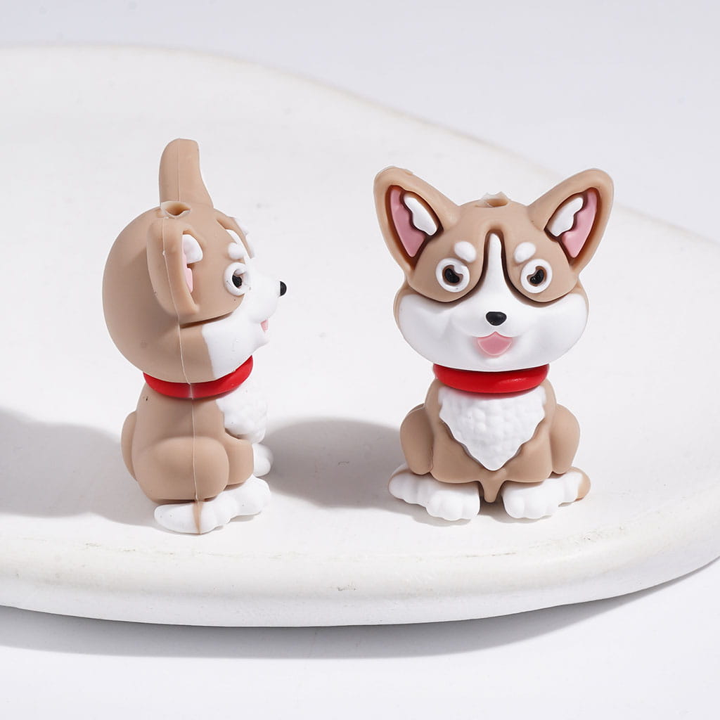 3D Dog Sitting Position Silicone Focal Beads, 20*28MM Yellow and Light Brown