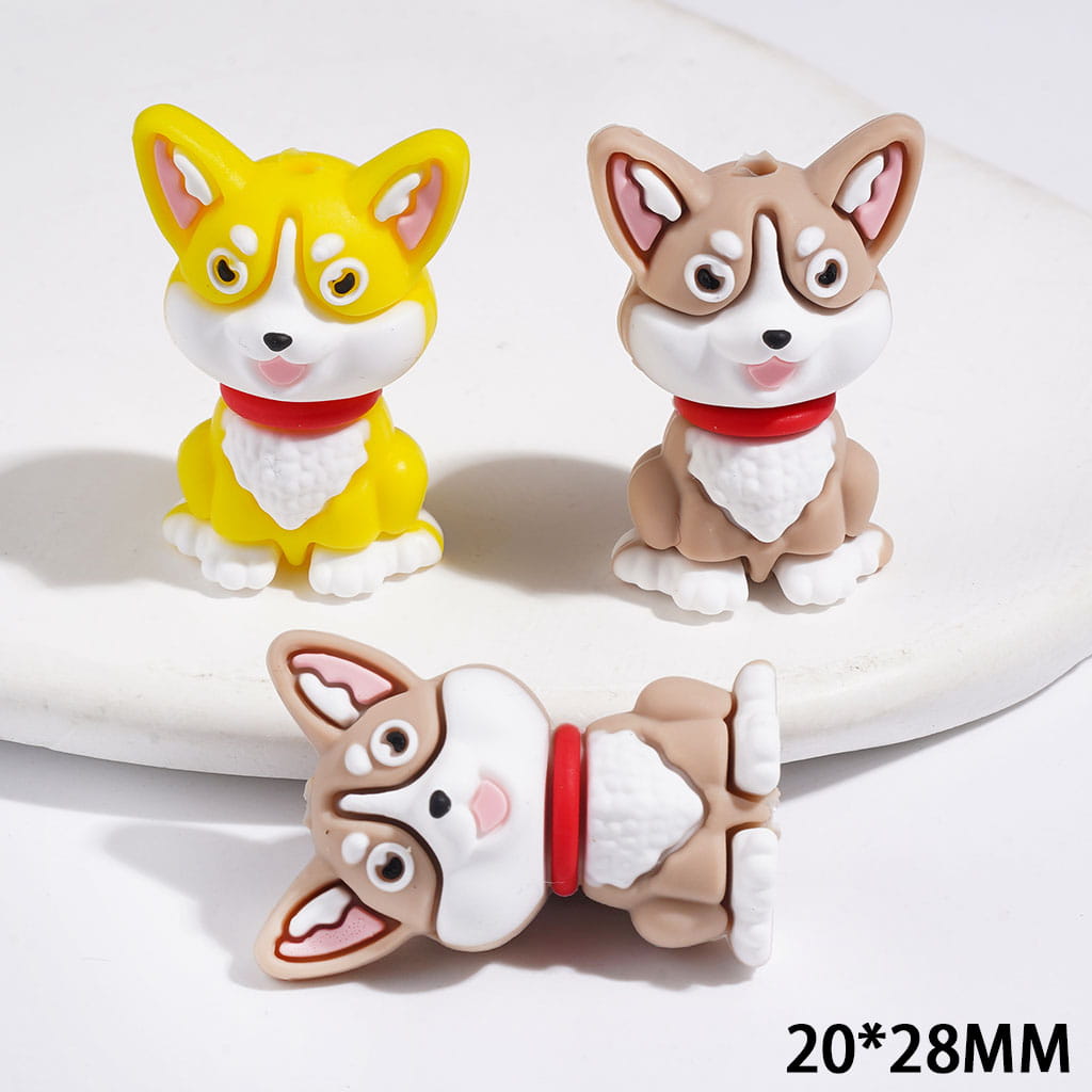 3D Dog Sitting Position Silicone Focal Beads, 20*28MM Yellow and Light Brown