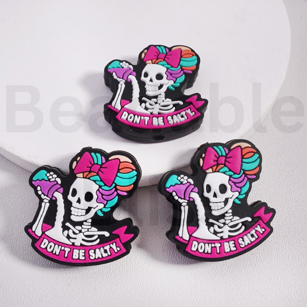 Silicone Focal Beads Don't be Salty A Human Skeleton Skull with Pink Bowknot Horror