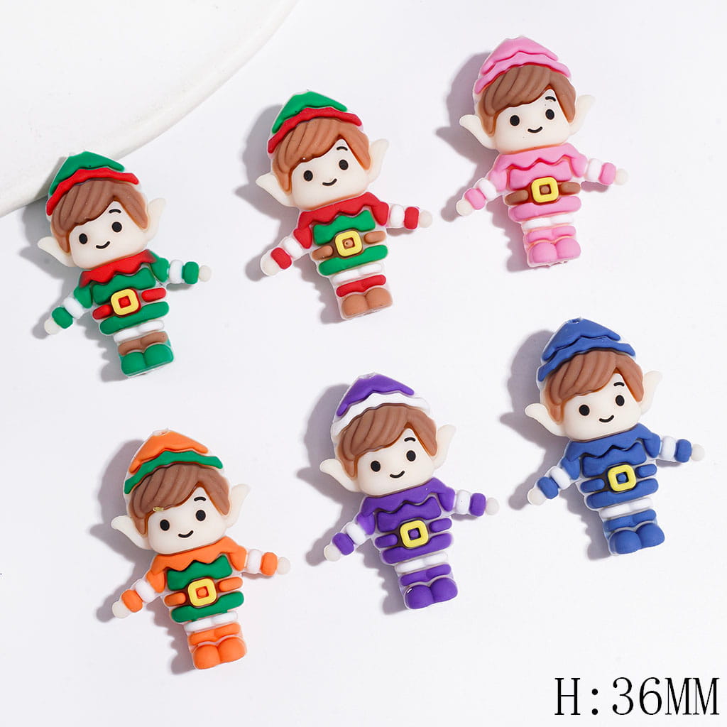 Silicone Focal Beads 3D Christmas Elf with Pointed Ears and Hat, Height 36MM, Multi-Color