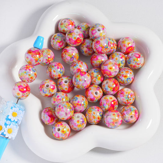 Acrylic Beads  UV Coating Colorful Flowers Prints White 16MM, Random Mix