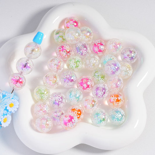 Acrylic Beads  UV Coating Mini Round Beads Inside White Flower Prints Clear Color 16MM, Random Mix