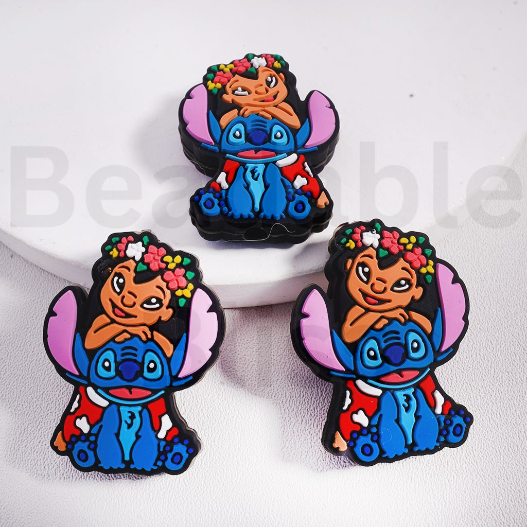 Silicone Focal Beads Cute Stitc and Lil with Flower Wreath