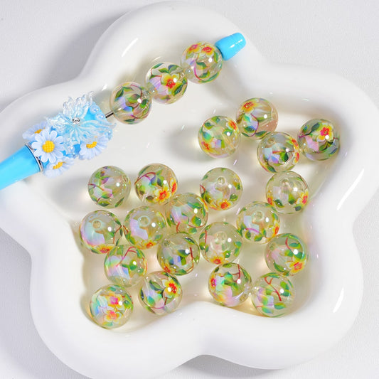 Acrylic Beads  UV Coating Yellow Flowers Clear Color 16MM, Random Mix