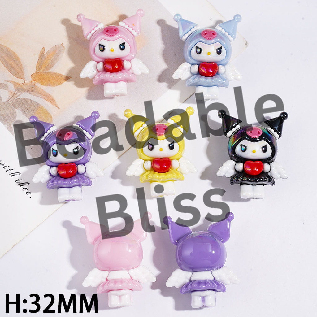 UV Coating Evil Girl Character Holding Heart with Wings Soft PVC Rubber Beads Height 32MM, Multi Colors