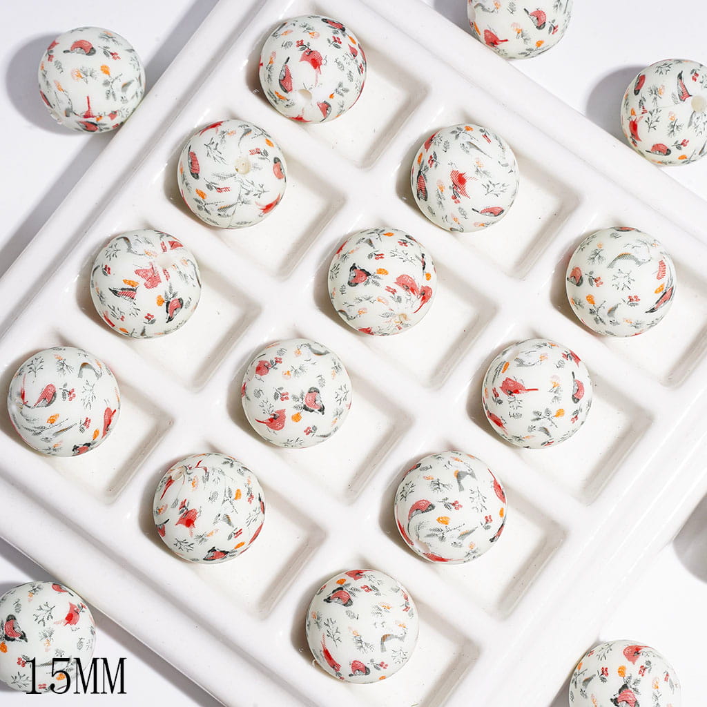 Printed Silicone Beads for DIY Bracelets with Floral and Red Bird, 15MM