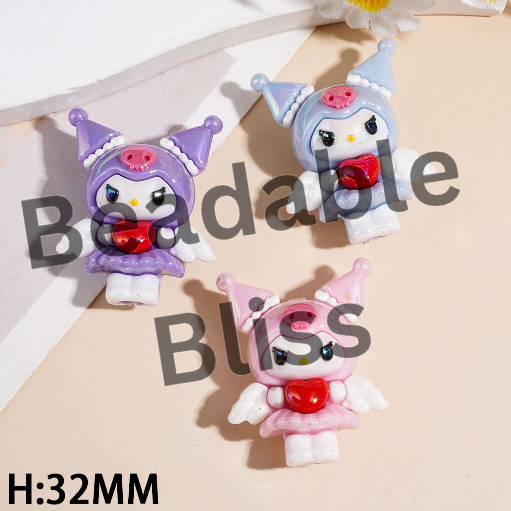UV Coating Evil Girl Character Holding Heart with Wings Soft PVC Rubber Beads Height 32MM, Multi Colors