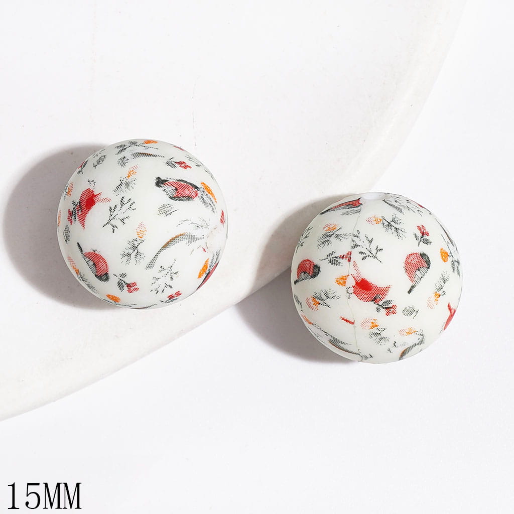 Printed Silicone Beads for DIY Bracelets with Floral and Red Bird, 15MM