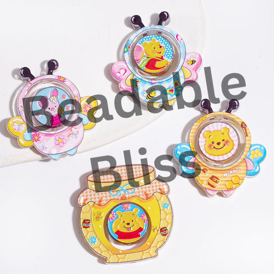 Hollowed Bee & Honey Pot & Flat Round Shape Collection Set Acrylic Beads, Classic Animation Honey Bear Character Series, Semi-Clear, Random Mix