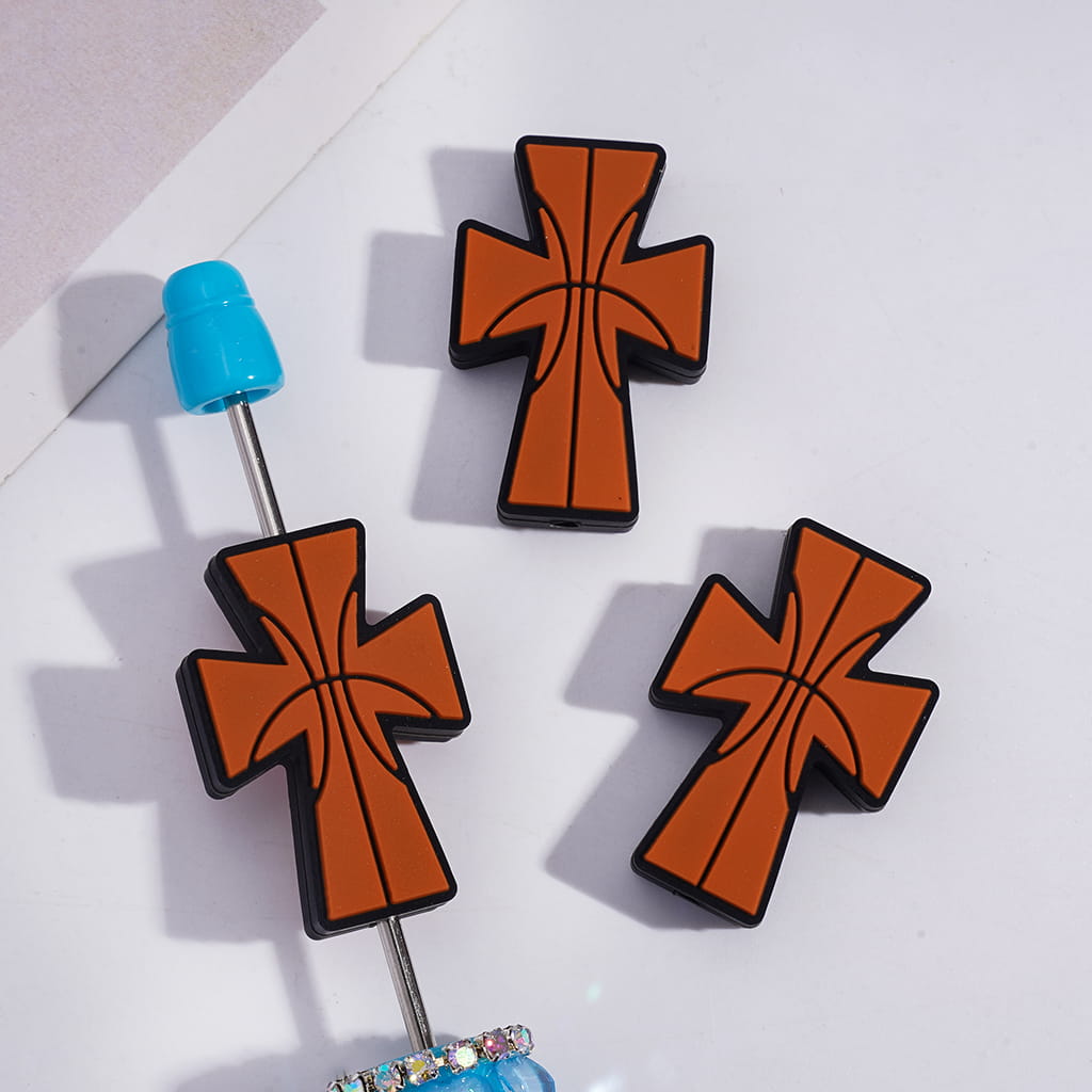 Silicone Focal Beads Jesus Cross with Soccer Football & Baseball & Volleyball Texture