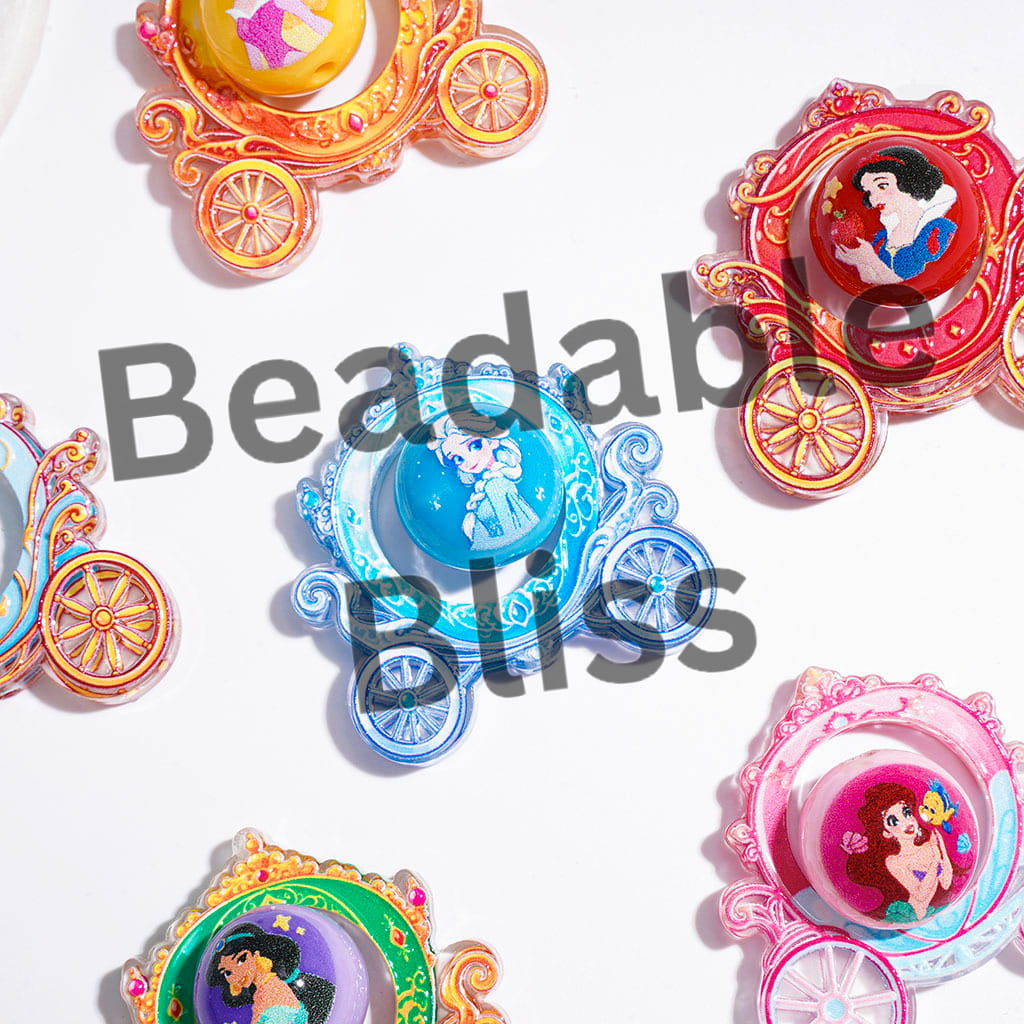 Acrylic Beads Hollowed European-Style Carriage and Princess Printed Round Beads, Multi-Color, Random Mix