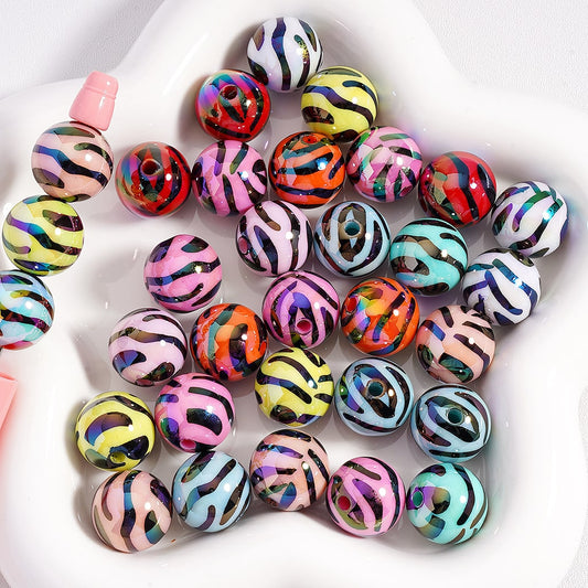 Acrylic Beads, UV Coating Black Zebra Stripes Solid Color 16MM