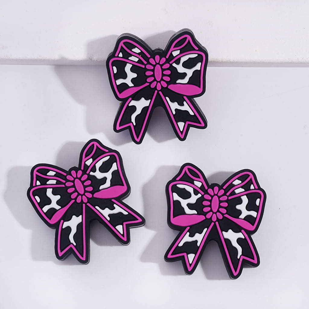 Silicone Focal Beads Cute Bowtie with Cow Pattern in Various Colors
