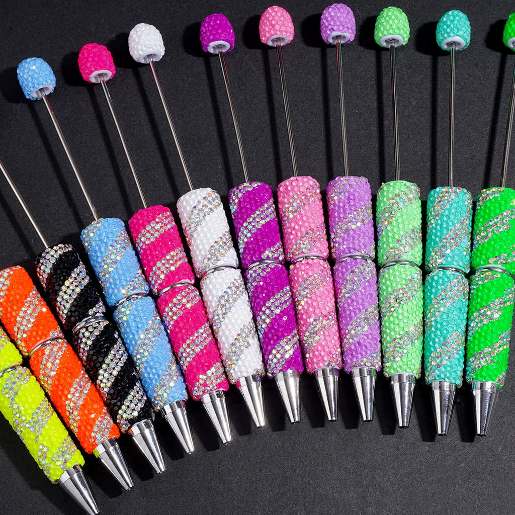 Beadable Clay Pens with Oblique-Stripe Double Color Rhinestones Covered the Entire Pen, Multi-Color