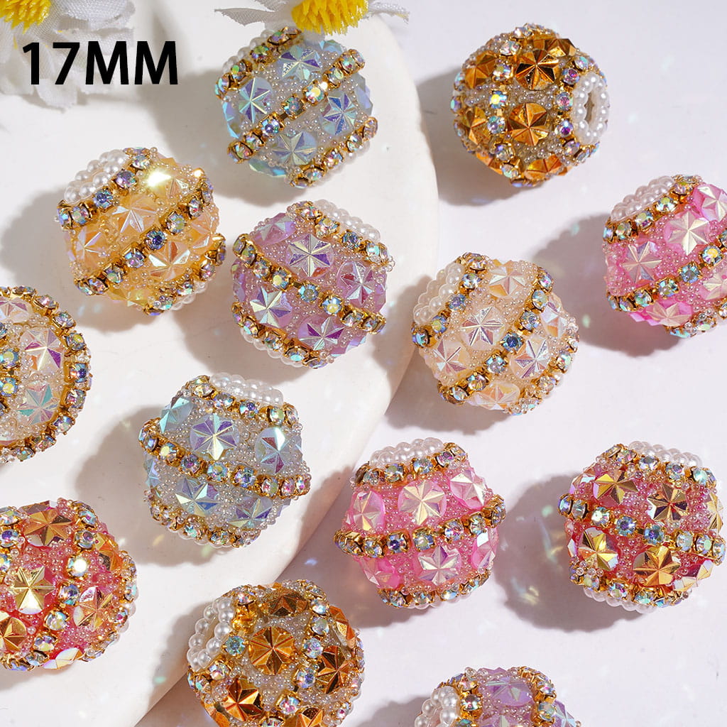 Hand-Made Acrylic Sugar Beads with UV Coating Snowflake, Colorful Little Bubbles AB Rhinestones & White Pearl Chains, 17MM Muti Colors