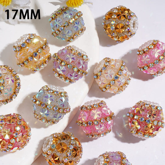 Hand-Made Acrylic Sugar Beads with UV Coating Snowflake, Colorful Little Bubbles AB Rhinestones & White Pearl Chains, 17MM Assorted Colors