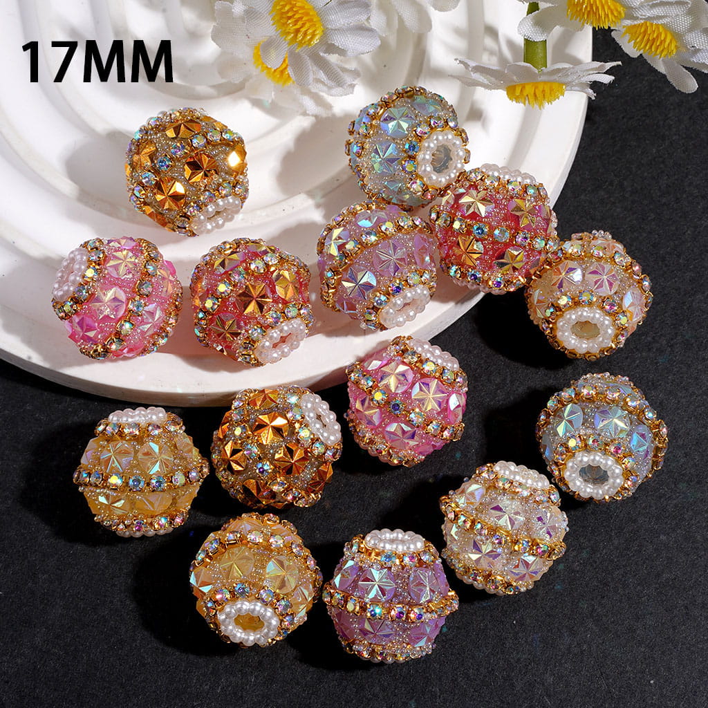 Hand-Made Acrylic Sugar Beads with UV Coating Snowflake, Colorful Little Bubbles AB Rhinestones & White Pearl Chains, 17MM Muti Colors