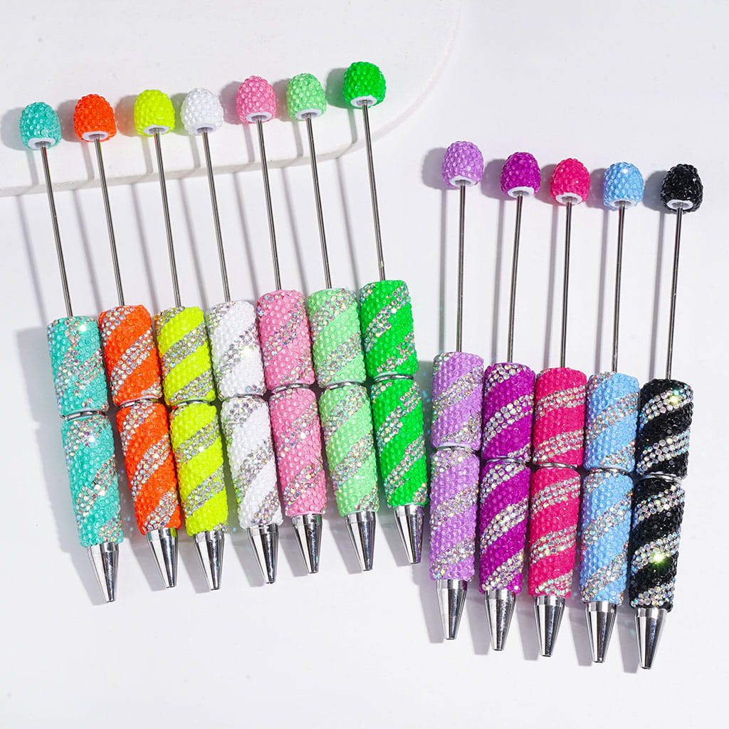 Beadable Clay Pens with Oblique-Stripe Double Color Rhinestones Covered the Entire Pen, Multi-Color