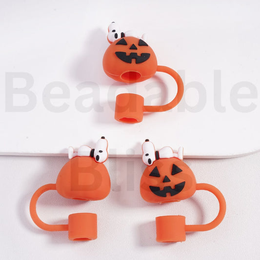 Cute Snoop Lies on the Ghost Face Pumpkin Halloween Food Grade Cup Tumbler Silicone Straw Topper