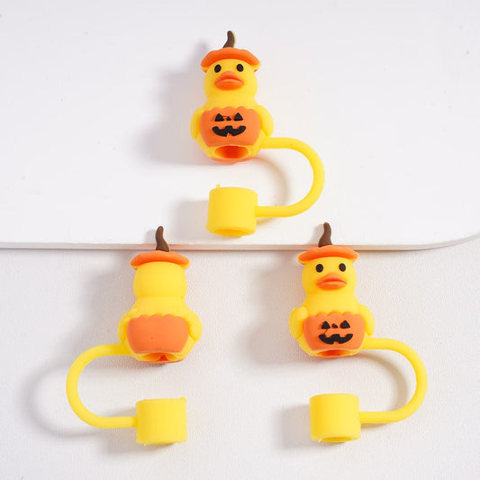 Little Cute Duckling Holds Ghost Face Pumpkin Halloween Food Grade Cup Tumbler Silicone Straw Topper