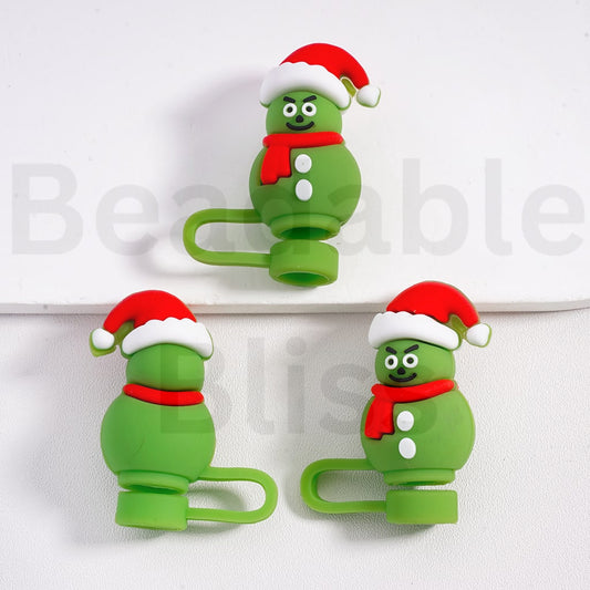 Cute Green Snowman with Christmas Hat Food Grade Cup Tumbler Silicone Straw Topper