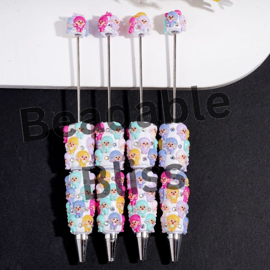 Beadable Clay Pens with AB Rhinestones and Monkey Doll in Macaron Colors