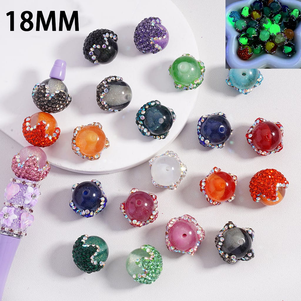 Clay Acrylic Beads Luminous Glitter Sugar Core Inside Shiny AB Rhinestones Cute Flower, Around 18MM, Multi-Color