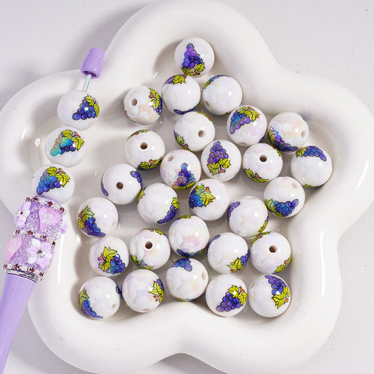 Acrylic Beads UV Coating Purple Grapes Prints 16MM