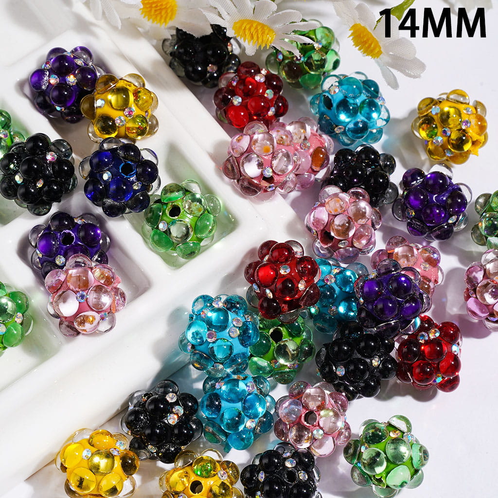Clay Beads with Clear Half-Face and AB Rhinestones, 14MM Multi Colors Random Mix