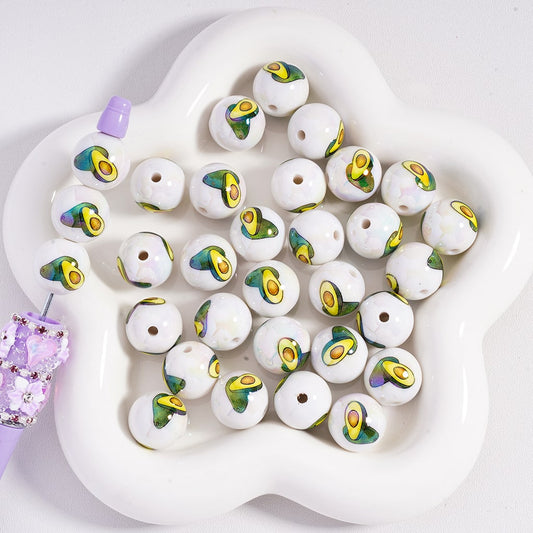 Acrylic Beads UV Coating Green Avocado Prints  16MM