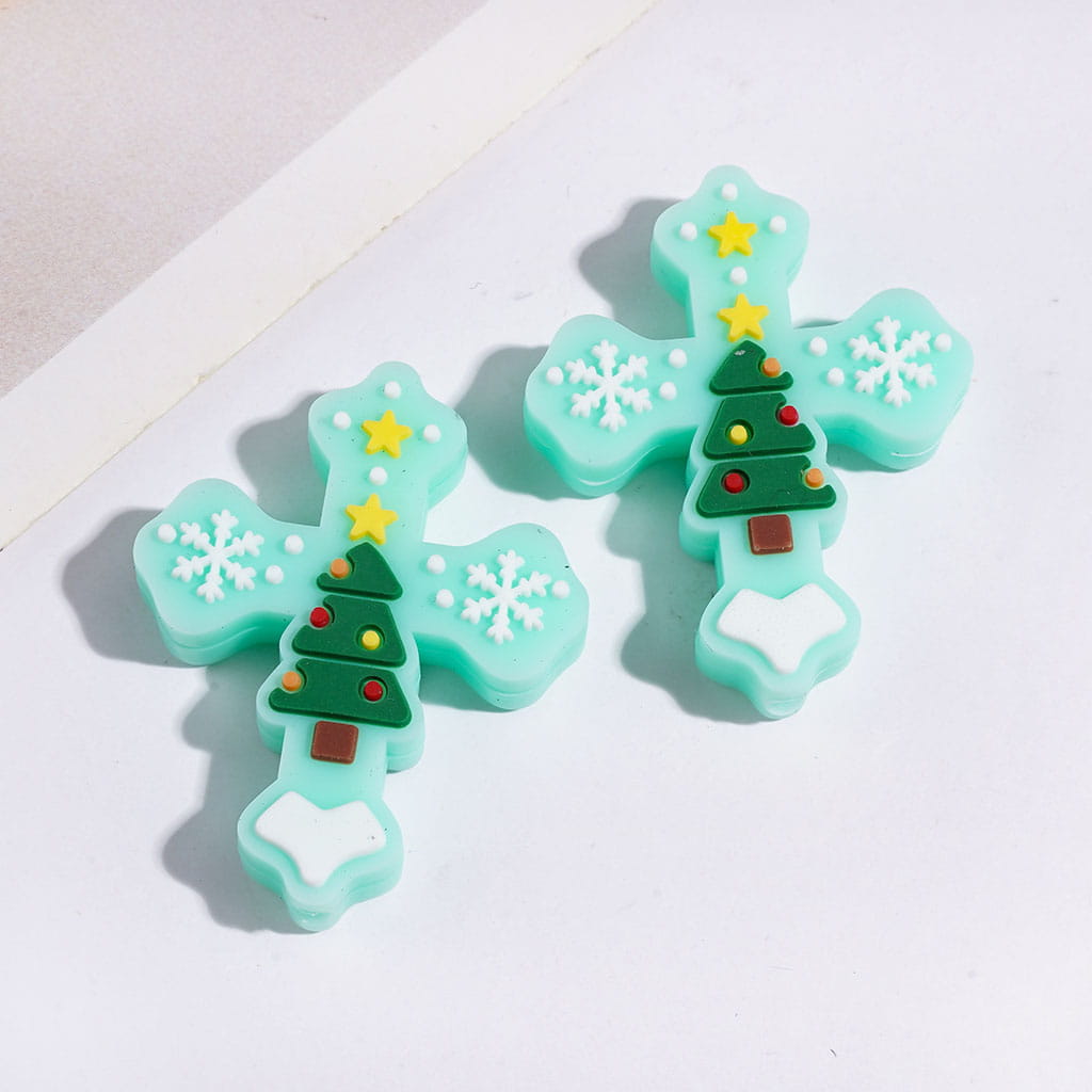 Silicone Focal Beads Cross with Christmas Tree Snowflakes Stars, 27*33MM Assorted Colors