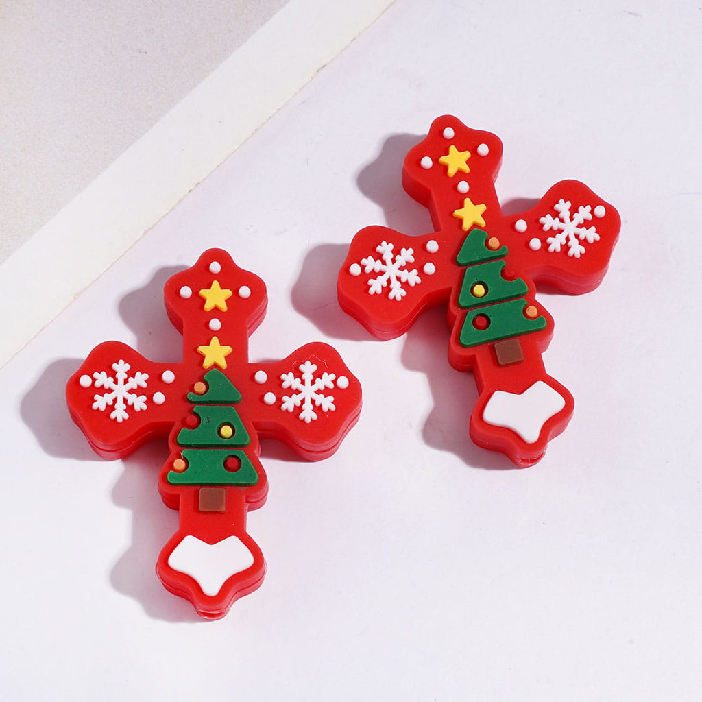 Silicone Focal Beads Cross with Christmas Tree Snowflakes Stars, 27*33MM Assorted Colors