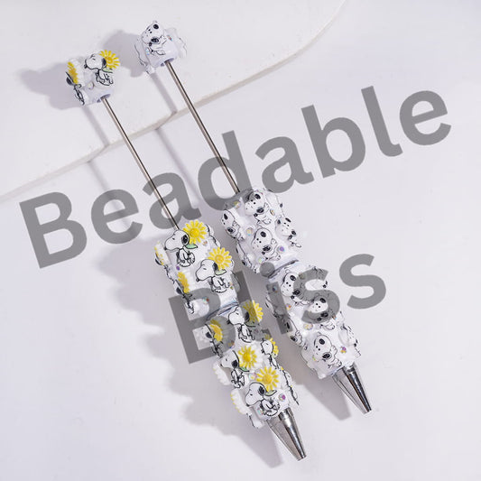 Beadable Clay Pens with Classic Animation Beagle Dog Character, AB Rhinestones and White Pearl