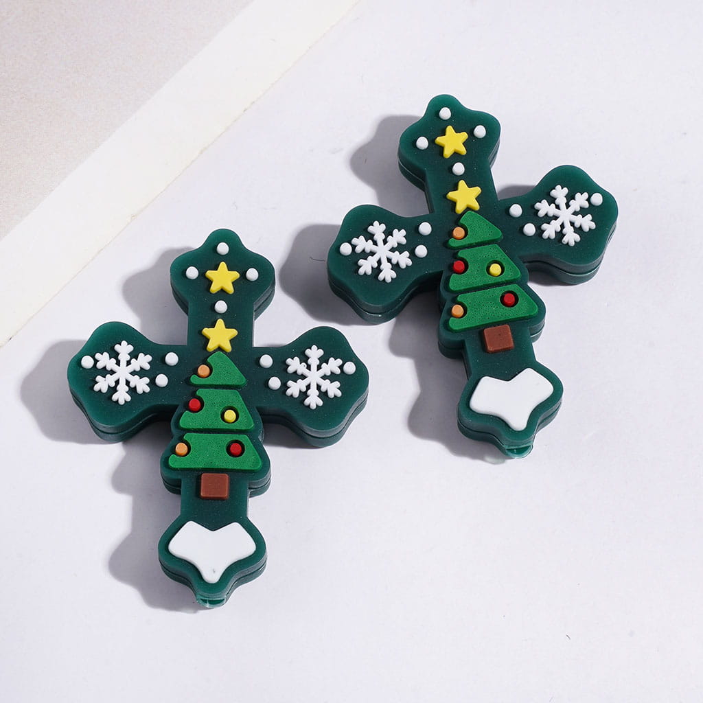 Silicone Focal Beads Cross with Christmas Tree Snowflakes Stars, 27*33MM Assorted Colors