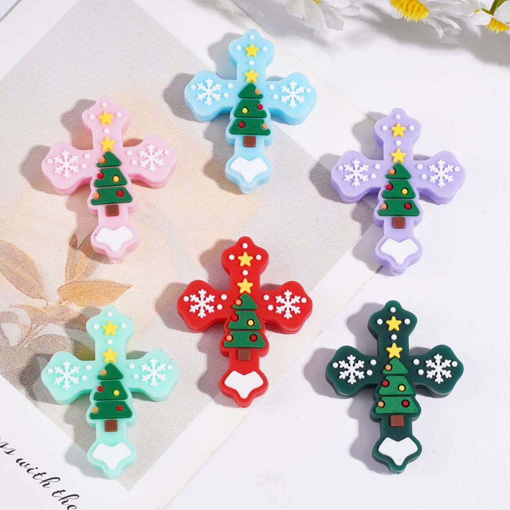 Silicone Focal Beads Cross with Christmas Tree Snowflakes Stars, 27*33MM Assorted Colors