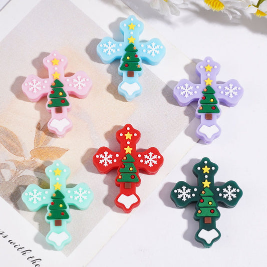 Silicone Focal Beads Cross with Christmas Tree Snowflakes Stars, 27*33MM Assorted Colors