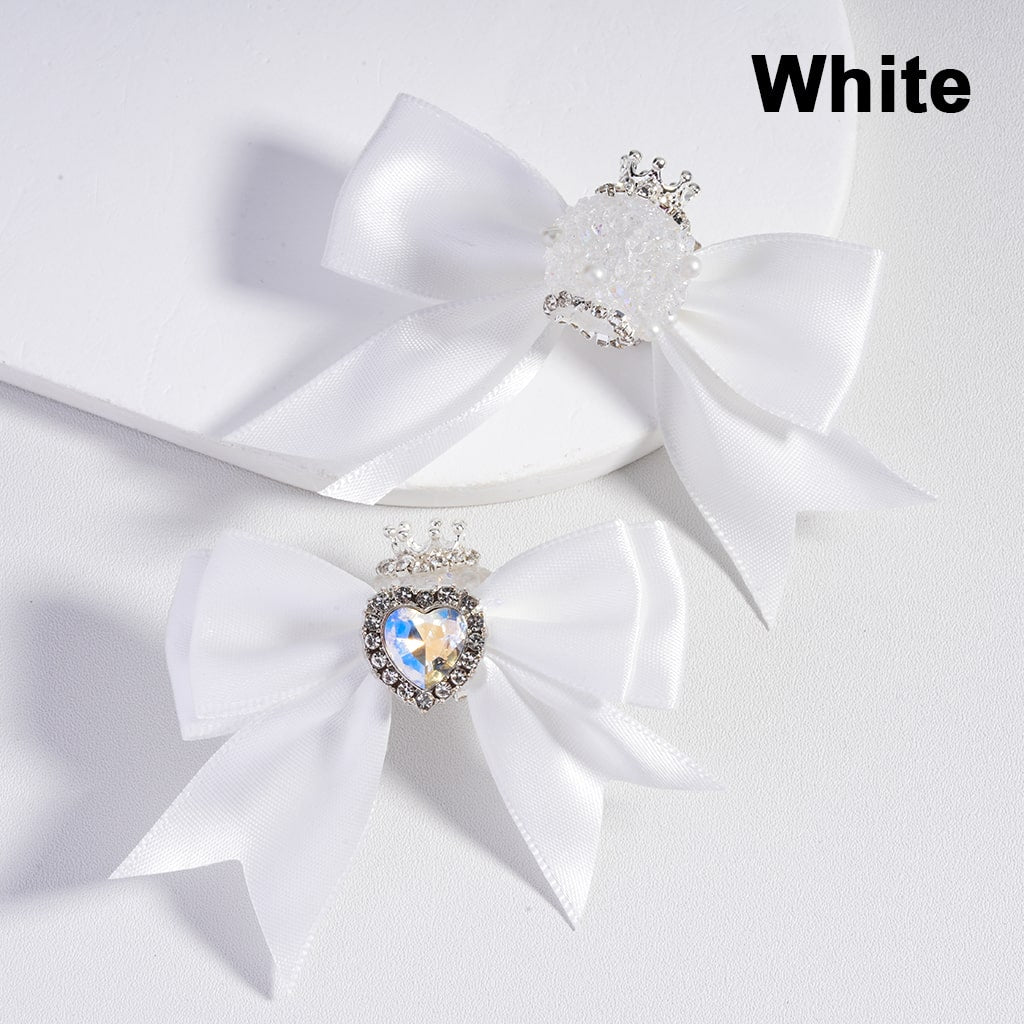 Large Fabric Bowknot with Heart Shape Shiny Rhinestones White Pearls Silver Alloy Crown Acrylic Beads in Solid Color (The Bowknot is around 65MM Wide)