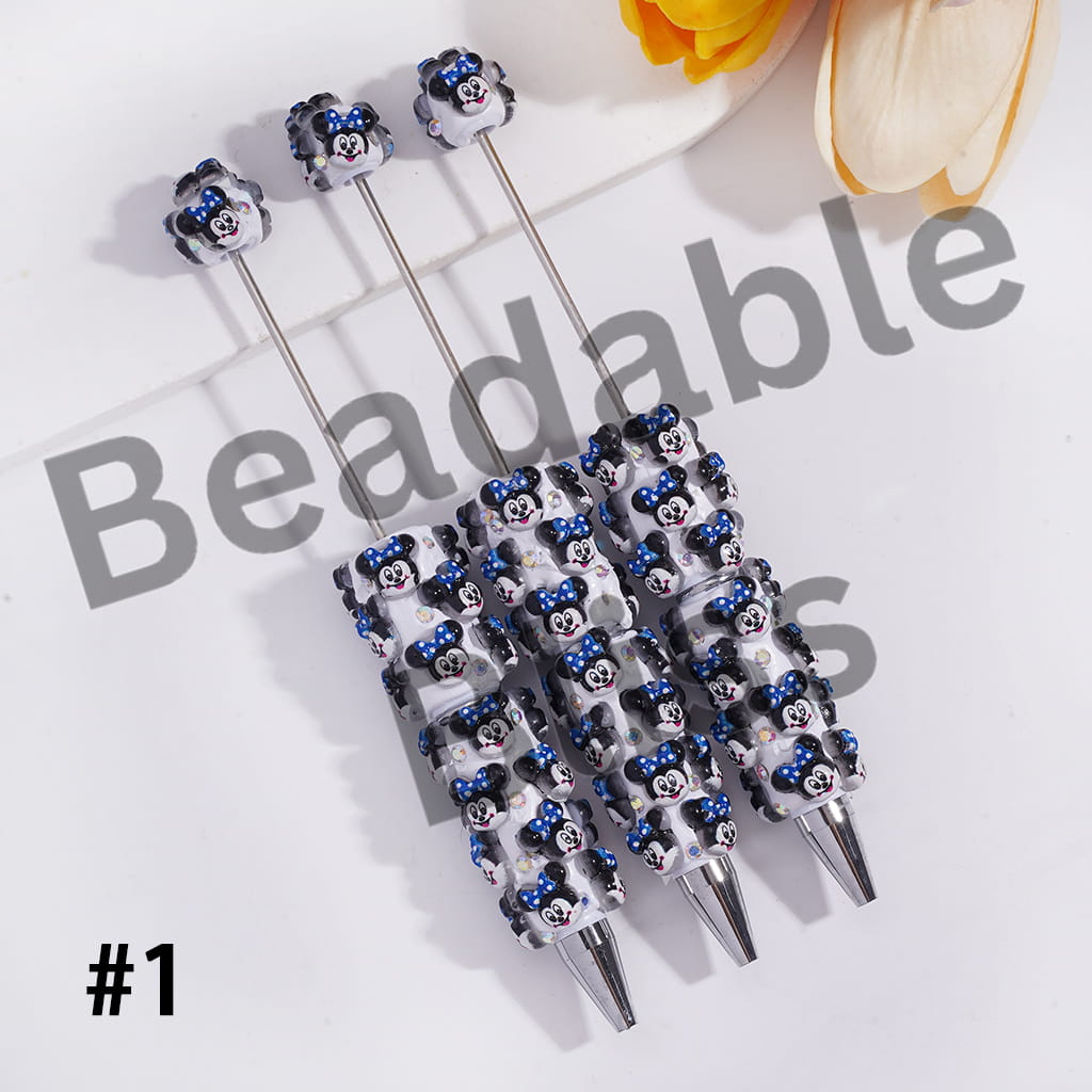 Beadable Clay Pens with Classic Animation Girl Mouse Character with Red Blue Bowtie on Head, AB Rhinestones