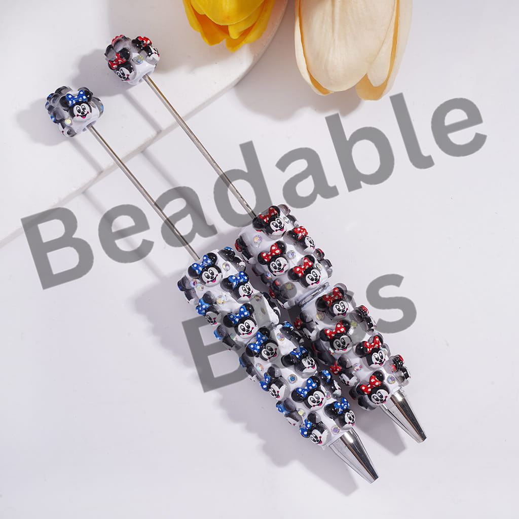 Beadable Clay Pens with Classic Animation Girl Mouse Character with Red Blue Bowtie on Head, AB Rhinestones