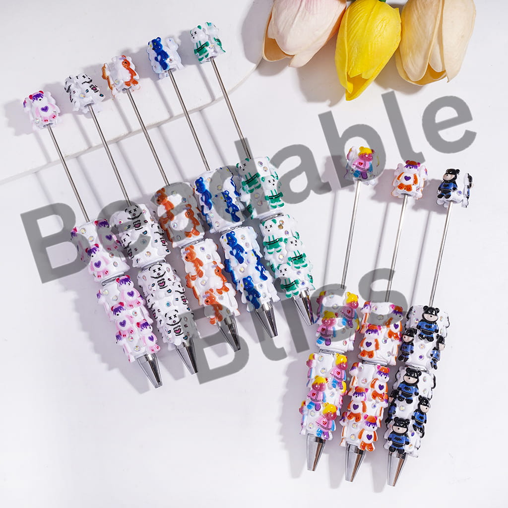 Beadable Clay Pens with Violent Bear, AB Rhinestones and White Pearl